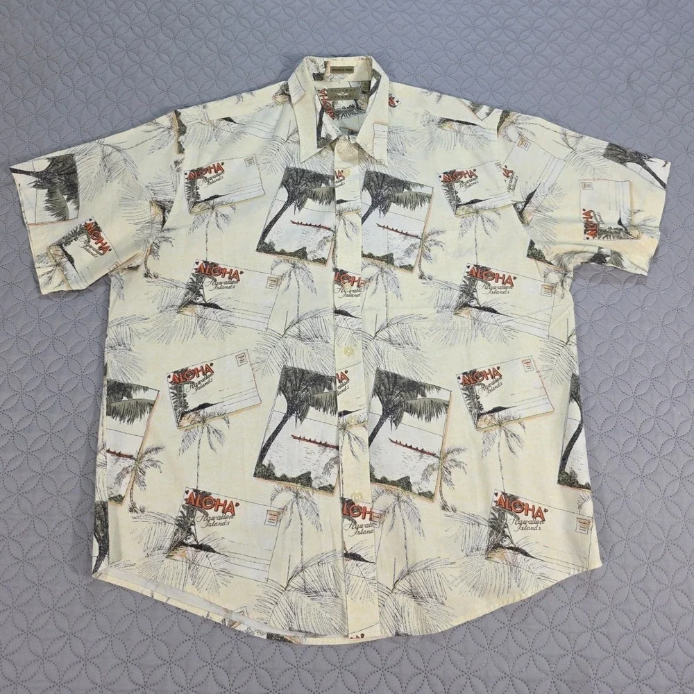 Natural Issue Mens Large Aloha Hawaiian Postcard Print Cotton Button Down Shirt